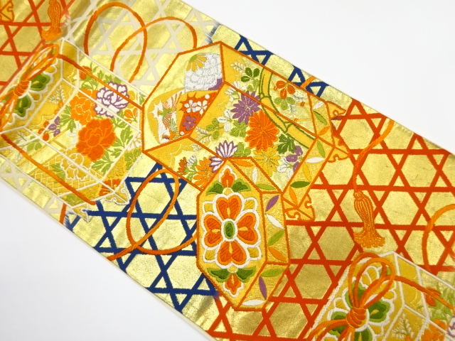 アンティーク　貝桶に草花模様織り出し袋帯（材料）